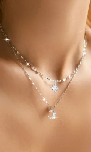 Necklace for Women Double Layer Zircon star Moon Pendant Necklace DelicateChain Charm Elegant Fashion Jewelry Gifts
