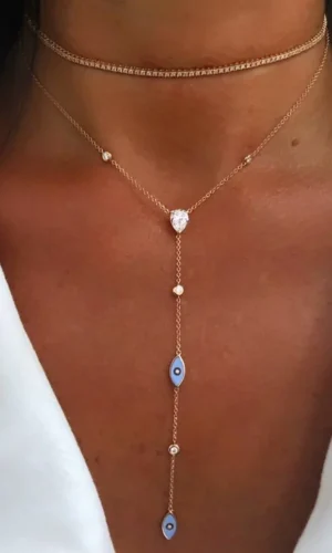 enamel evil eye charm necklace Cute lovely eye white cz link chain long Y lariat women sexy necklaces jewelry