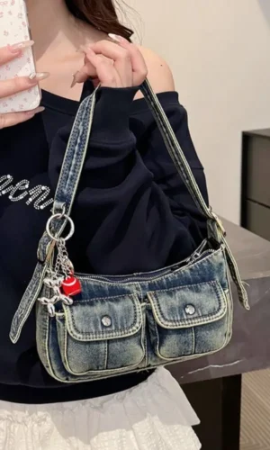 Fashion Handbag Retro Denim Bag Underarm Bag Crossbody Bag Spicy Girl Shoulder Bag Armpit Bag Y2K Cloth bag Shopping