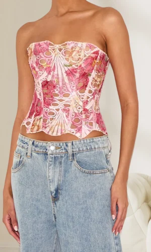 Elegant Lace-Up Floral Print Top Cutout Back and Corset Detailing Perfect for Chic Street Style