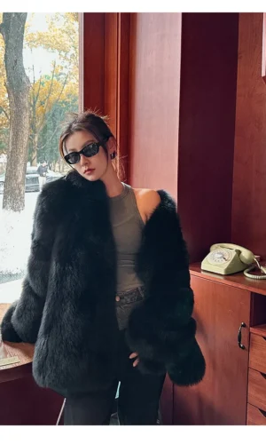 Autumn Winter Black Thick Warm Soft Hairy Shaggy Fox Fur Coat Women Stand Collar Luxury Designer Fluffy Jacket