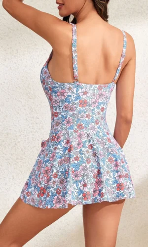Floral Print Sleeveless Swimdress with U-Neck and Tie Knot Detail Women s Fit Bathing Suit for Summer Beach
