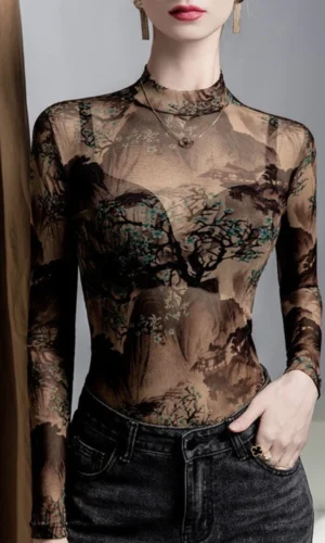 Sexy Stand Collar Long Sleeve Tops Women Ink Print Sheer Mesh Blouse 2025 Autumn Gothic Basic Chic Shirt for Women