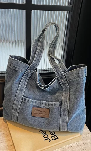 Women Denim Shoulder Bag Fashion Shoulder Purse Large Capacity Simple Tote Handbag Stylish Shopping Bag Outdoor Travel Bag