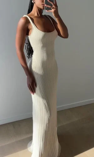Women Knit Tank Dress Casual Summer Sleeveless U-Neck Party Long Dress for Cocktail Beach Club Streetwear