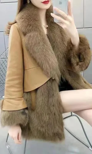 Fox Fur Coats Women Spliced Fur Jackets Solid Turn Down Collar Long Sleeves Single Breasted Loose Casual Autumn Winter