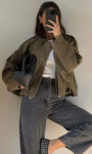 Women Brown Green Suede Jacket Loose Casual Bomber Coat Lapel Zipper Long Sleeve Jackets Vintage Lady Motorcycle Outwears