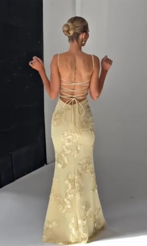 Pale Yellow Print Backless Bandage Dress Women Chic Sleeveless Off Shoulder High Waist Slim Fit Robes Lady Evening Party Gowns