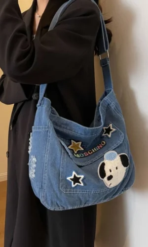 Korean Version Cartoon Embroidered Washed Denim Bag for Students One Shoulder Crossbody Tote Bag, Casual and Simple Women's Bag