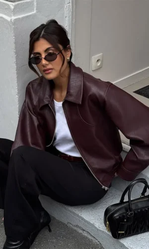 Ladies' burgundy PU leather short jacket fashionable autumn lapel jacket zipper high street loose leather jacket