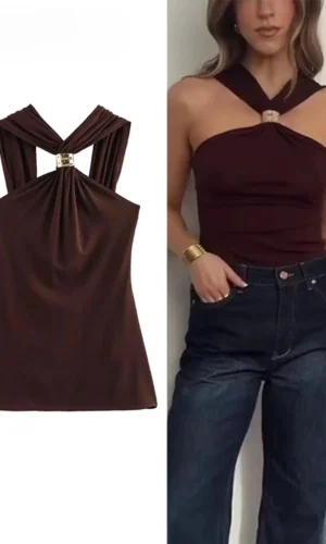 New Halter Tops Fashion Metal Decoration Crop Top Woman 2026 Sleeveless Hanging Collar Short Tops For Women Sexy Party Top