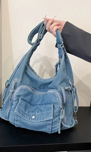 Solid Color Denim Trendy Shoulder Bag Fashion Zipper