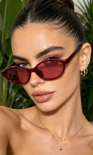 New Wine Red Frame Slim Oval Fashion Sunglasses