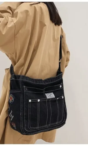 Denim Handbag Women Retro Grunge Print Punk